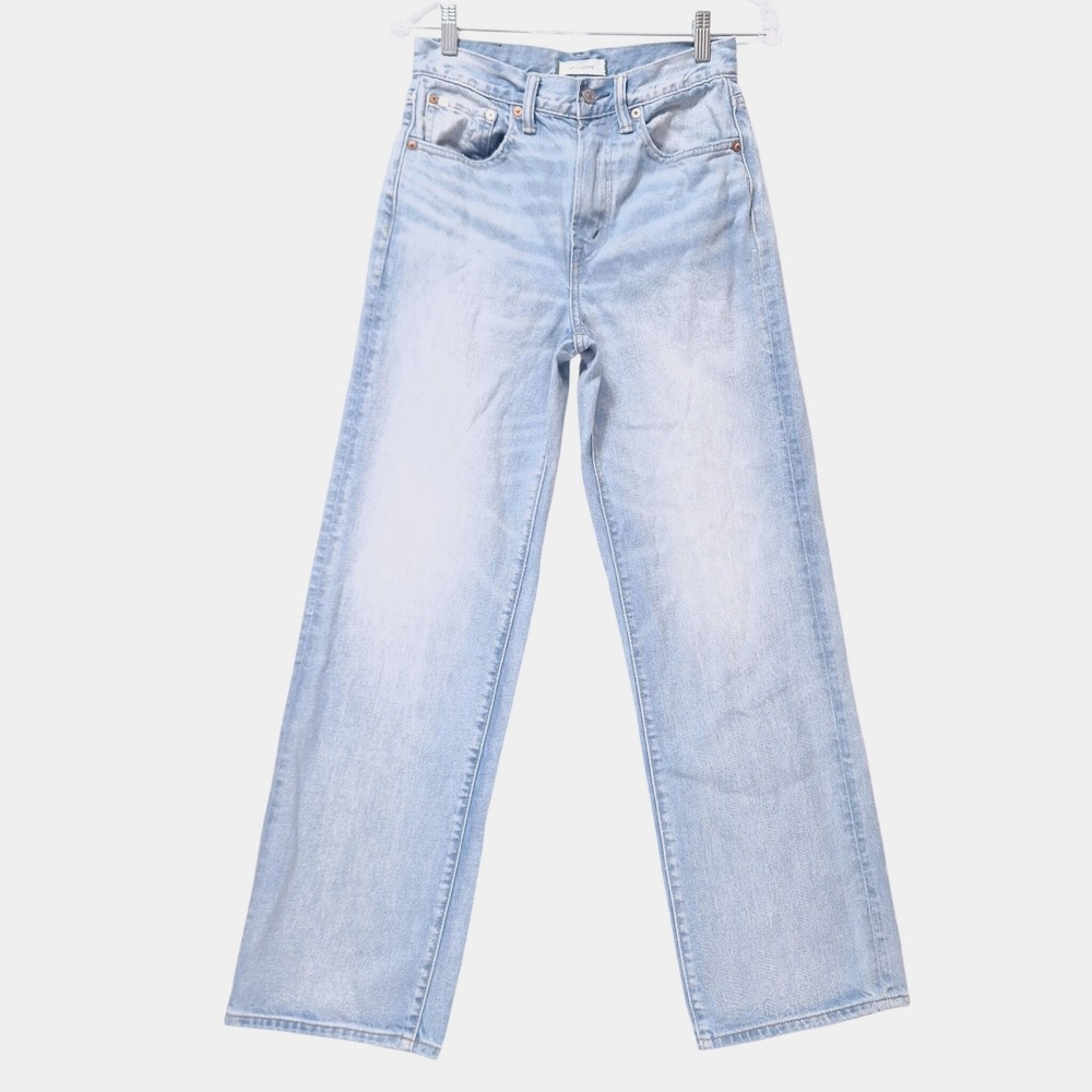 AE77  Stovepipe Jeans Womens 2 High Rise Straight Leg‎ Light Wash Blue Denim